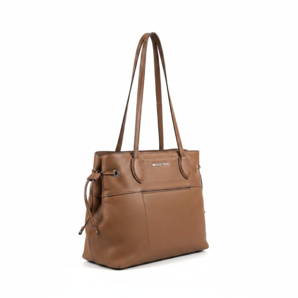 MICHAEL KORS East West Mae Pebbled Leather Drawstring Tote Bag Brown Timeless